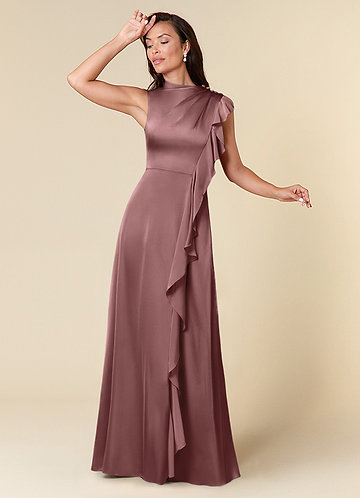 Azazie Narine Mother of the Brides Dresses Vintage Mauve A-Line High Neckline Pleated Stretch Satin Dress image1