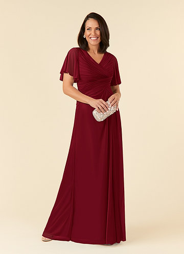 Azazie Emmeline Mother of the Brides Dresses Burgundy A-Line V-Neck Pleated Mesh Dress image1