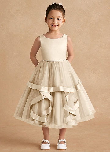 Azazie Posy Flower Girl Dresses Champagne A-Line Beaded Tulle Dress image1