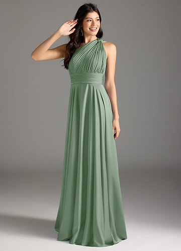 Azazie Charlize Vestidos Dama de Honor Vestido de Matcha de Satén Elástico de Corte en A con Hombro unilateral image1