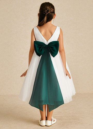 Azazie Kavi Flower Girl Dresses Ivory Pine A-Line Bow Matte Satin Dress image1