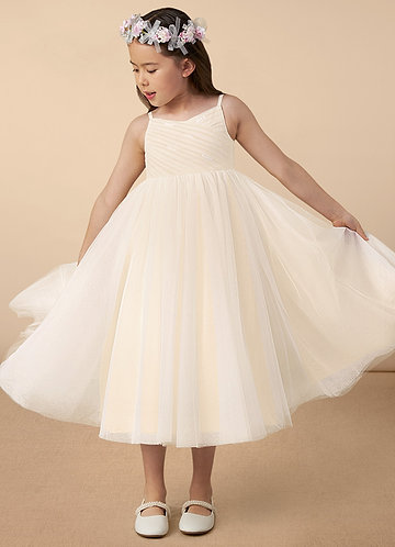 Azazie Amya Flower Girl Dresses Diamond White Champagne A-Line Pleated Tulle Dress image1