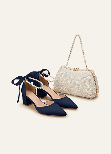 front Matching Color Matte Satin Pearl and Bow Pointed Toe Block Heels & Beaded Clutch Set