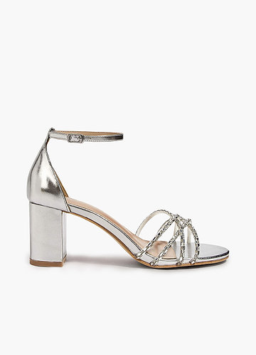 front Silver Shiny Block Heel Sandals