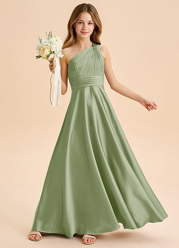 Azazie Charlize Junior Dusty Sage A-Line Pleated Stretch Satin Dress image1
