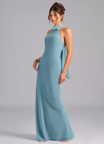 Azazie Velli Bridesmaid Dresses Moody Blue Mermaid High Neck Chiffon Dress image1