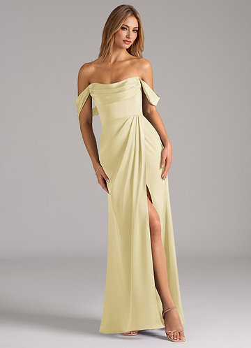 Azazie Johana Robes Demoiselle d'honneur Robe Sirène Convertible en Satin extensible Épaule décolletée Sorbet Citron image1