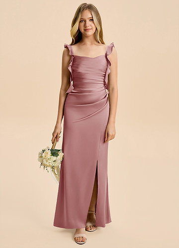 Azazie Jessamine Junior Dusty Rose A-Line Ruched Stretch Satin Dress image1