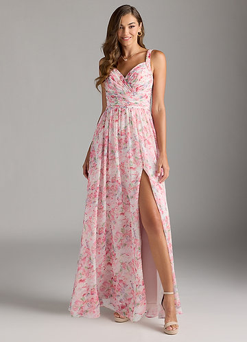 Azazie Chanel Vestidos de Dama de Honor Vestido Aquarela Abstrata Floral de Chiffon de Linha A com Plissado image1