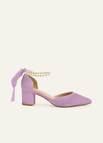 front Matching Color Matte Satin Pearl and Bow Pointed Toe Block Heels