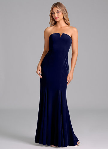 Azazie Yinnie Bridesmaid Dresses Vestir Azul Marinho de Veludo de sereia com Sem alças image1