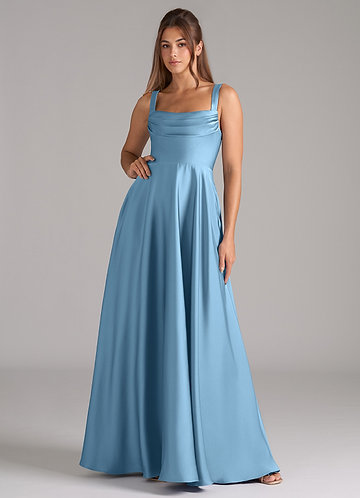 Azazie Shaude Robes Demoiselle d'honneur Robe Trapèze en Satin extensible Plissée Acier Bleuté image1