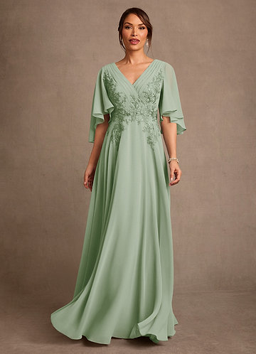 slim fit dress slacks Dusty Sage Green Mother of Bride Dress A-Line Appliques 3/4 Sleeves V-Neck Tea-Length Chiffon Mother of The Bride Dress main image 0