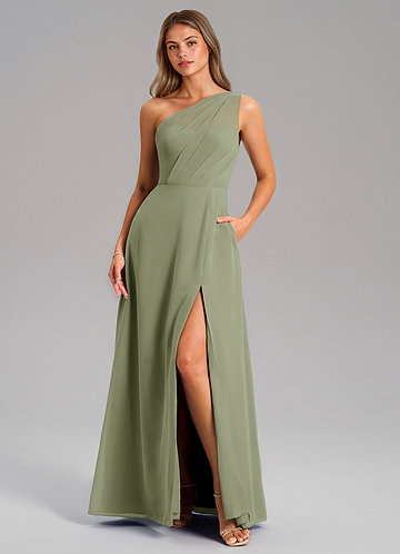 Azazie Phaedra Bridesmaid Dresses Vestido Pistache de Chiffon de Linha A com Um ombro image1