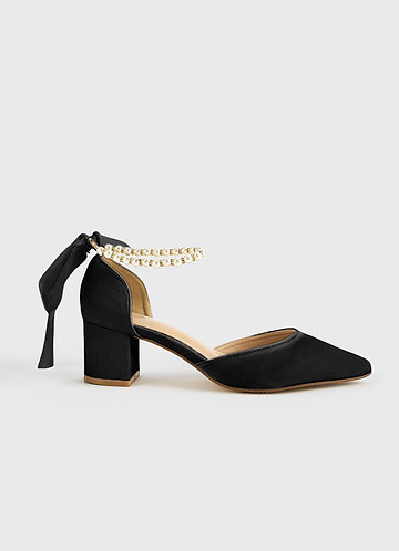 front Matching Color Matte Satin Pearl and Bow Pointed Toe Block Heels