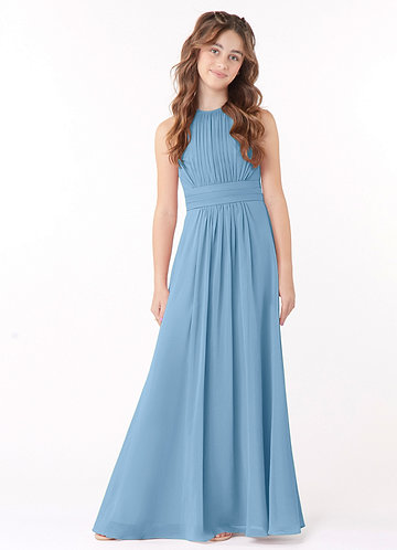Azazie Bonnie Junior Steel Blue A-Line Pleated Chiffon Dress image1
