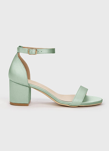 front Matching Color Matte Satin One Strap Buckle Block Low Heel Sandals