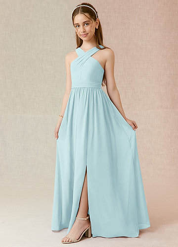 Azazie Jiya Junior Abito A-Line in Chiffon Plissettato Sea Glass image1