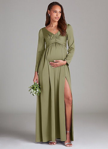 Azazie Teton Vestidos de dama de honor de maternidad Vestido de Corte En A Manga larga Hasta el suelo Satén Elástico image1
