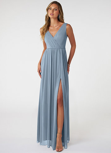 Azazie Tanicia Bruidsmeisjes Jurken Jurk van Mesh met A-Lijn V-hals geplooid Stoffig Blauw image1