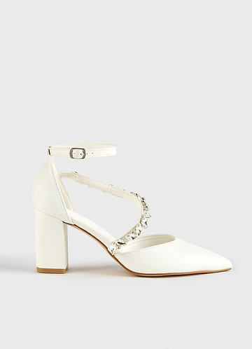 front Crystal Strap Pointed Toe Block Heels
