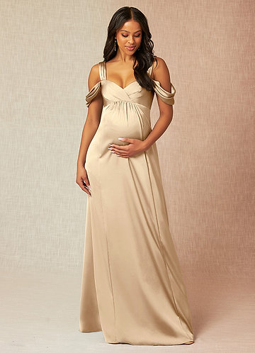 Azazie Rhea Maternity Bridesmaid Dresses A-Line Off-The-Shouler Pleated Stretch Satin Floor-Length Dress image1