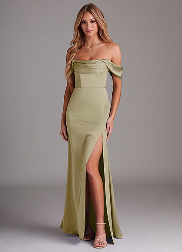 Azazie Saige Bridesmaid Dresses Vestido Musgo Verde de Cetim elástico de Bainha com Fora do ombro image1