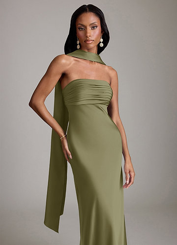 strapless green dress cheap Dark Green Sleek Satin Dress With Sequin Appliqué Bodice And Unique La