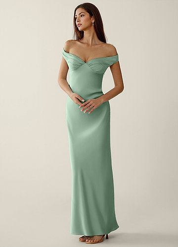 Gwendonme Agave Green Satin Crystal Linen Prom Dress image1