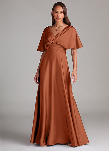 Azazie Pamela Robes Demoiselle d'honneur Robe Trapèze en Satin extensible Plissée Rose De Cèdre image1