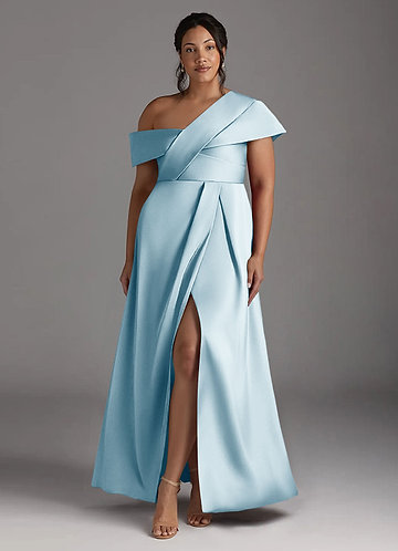 Azazie Milton Robe Mère de la Mariée & du Marié Robe Trapèze en Satin extensible Plissée Bleu Ciel image1