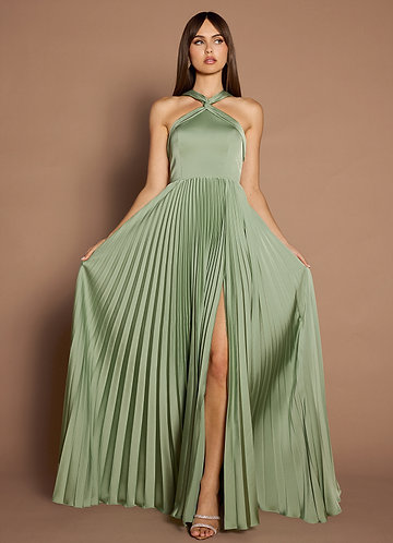 Afra Dusty Sage A-Line Pleated Stretch Satin Dress image1 0