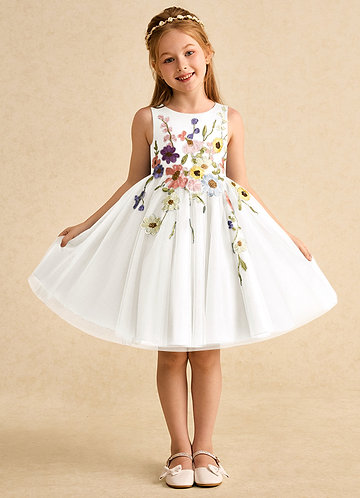 Azazie Prima Flower Girl Dresses Vestido Marfim de Tule de Linha A com Arco image1