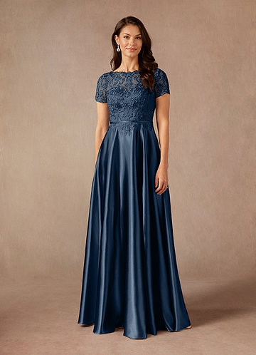 Azazie Adina Moeder van de Bruid Jurken A-Lijn Jurk van Metaalachtig Satijn Kant Donkere Marine image1
