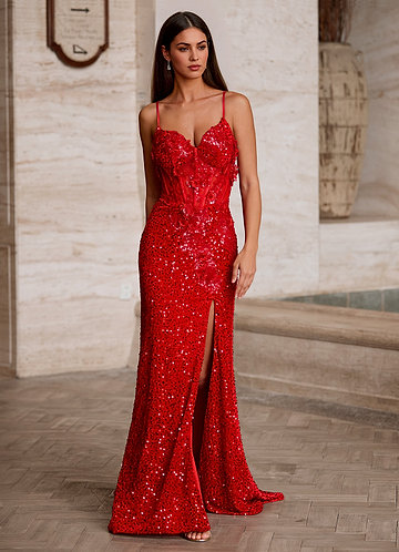 Velvetine Red Applique Sequin Prom Dress image1