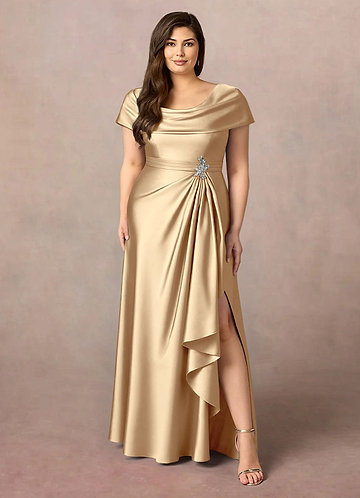 Azazie Branford Mother of the Brides Dresses Champagne A-Line Pleated Stretch Satin Dress image1