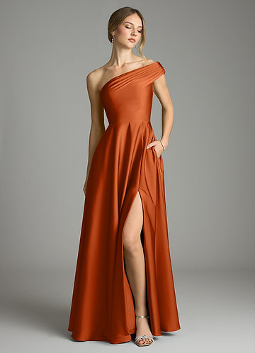Azazie Melanie Robes Demoiselle d'honneur Robe Trapèze en Satin extensible Épaule décolletée Orange Brûlée image1