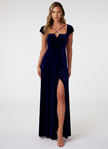 August Storm Blue A-Line Velvet Bridesmaid Dress