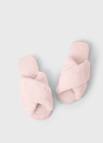 front Blushing Pink Cross Strap Fuzzy Slippers