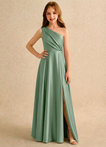 Azazie Puddles Girls Formal Robes de Fillette d'Honneur Robe Trapèze en Satin extensible Une épaule Matcha image1
