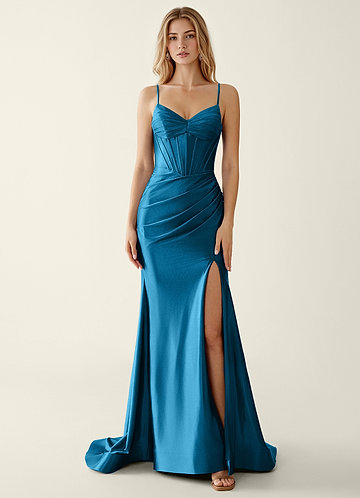 Indigo Azul Vestido de fiesta de sirena con lentejuelas y escote en V de satén image1