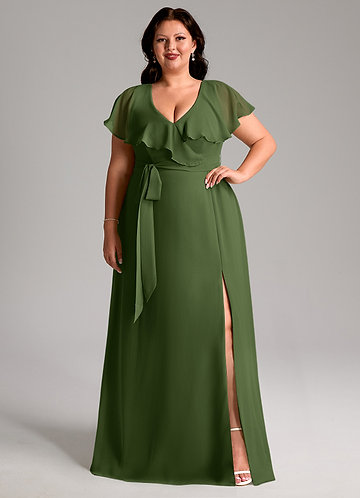 green emerald velvet dress Olive Green Evening Dress with Waist Tie main image 1
