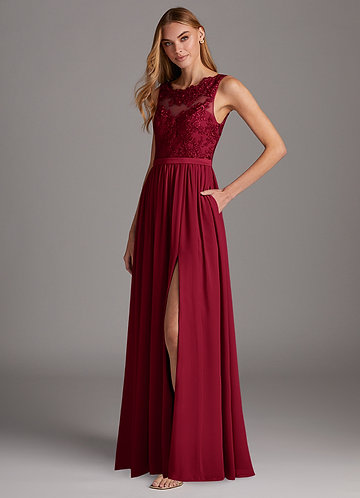 chinese dress ladies Burgundy Bridesmaid Long Dress for Wedding Party Lace Cap Sleeves –  loveangeldress main image 1