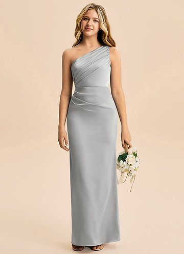 Azazie Akilah Junior Robe Fourreau en Satin extensible Plissée Argent image1