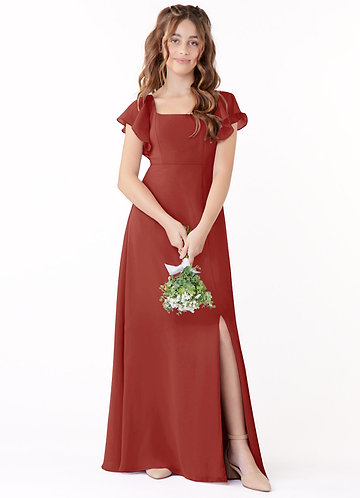 Azazie Bondi Junior Terracotta A-Line Bow Chiffon Dress image1