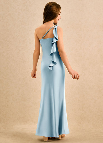 Azazie Almond Girls Formal Sukienki dla dziewczynek sypiących kwiaty Osłona Jedno ramię Satyna elastyczna Długość podłogi Sukienka image1