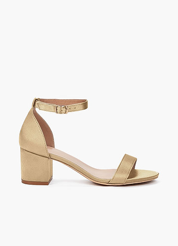 front Matching Color Metallic Satin One Strap Buckle Block Heel Sandals