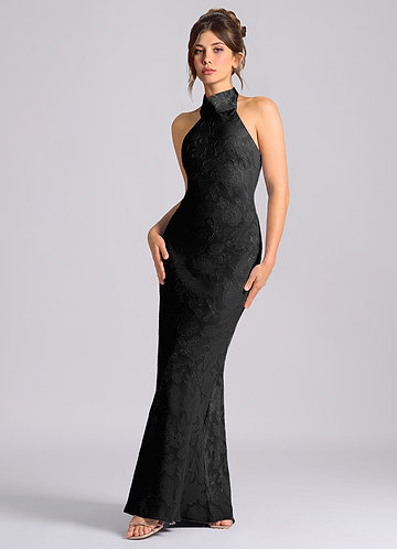 Azazie Velli Vestidos Dama de Honor Vestido de Negro de Devorado Floral de Corte Sirena con Cuello Alto image1