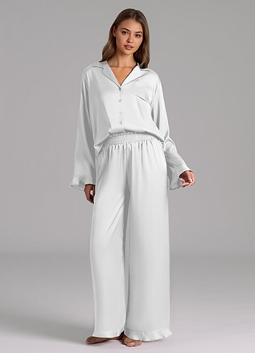 front White Ruffled Satin Long Sleeve Pajama Set