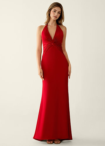 Clio Rouge Robe de bal sirène en satin à col V image1
